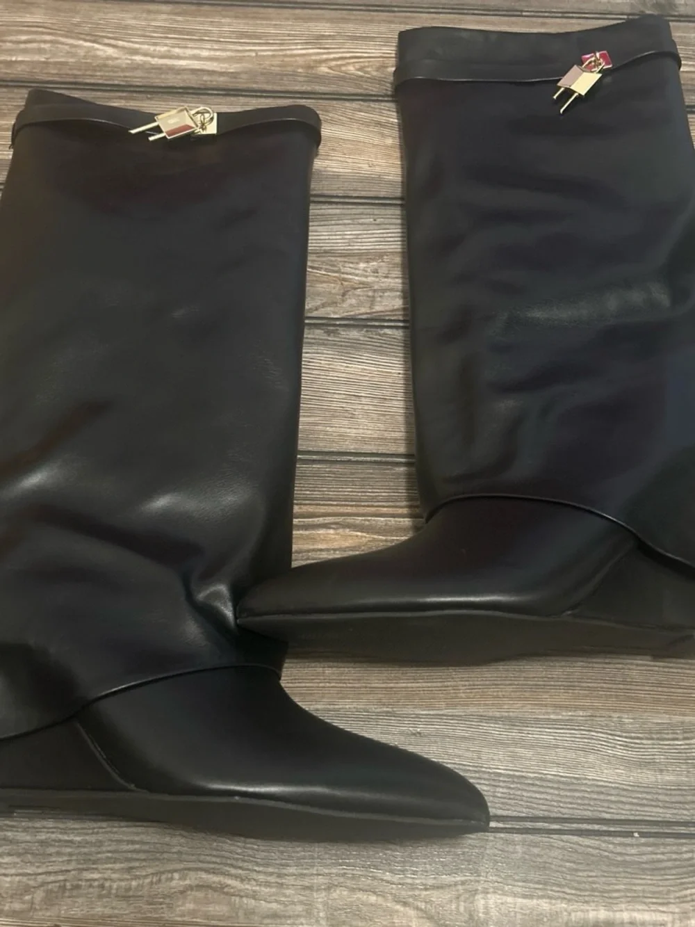 Fashion Nova Black Over-the-Knee Leather Boots with Gold Accent, never worn
